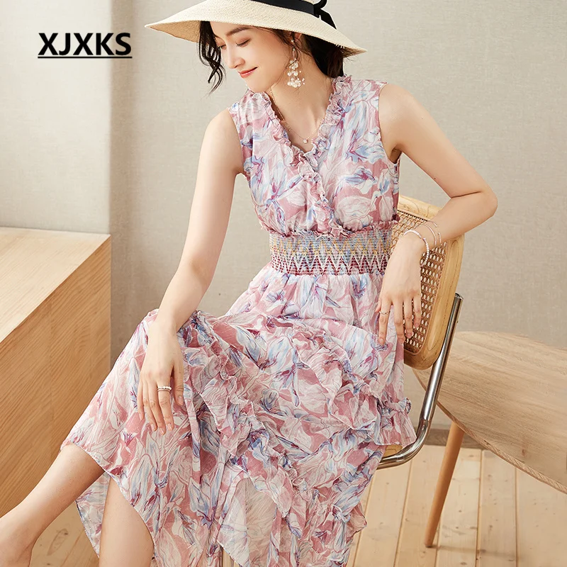 

XJXKS 2022 Summer New Fashion Cross V-neck Sleeveless Vestidos High-end Print Mid-calf Women's Dresses