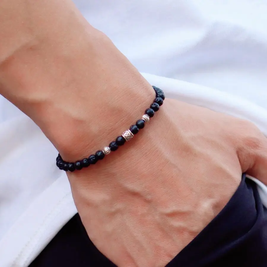 Men Viking Rice Beads Bracelet Natural Lava Tiger Eyes Red Howlite Stone