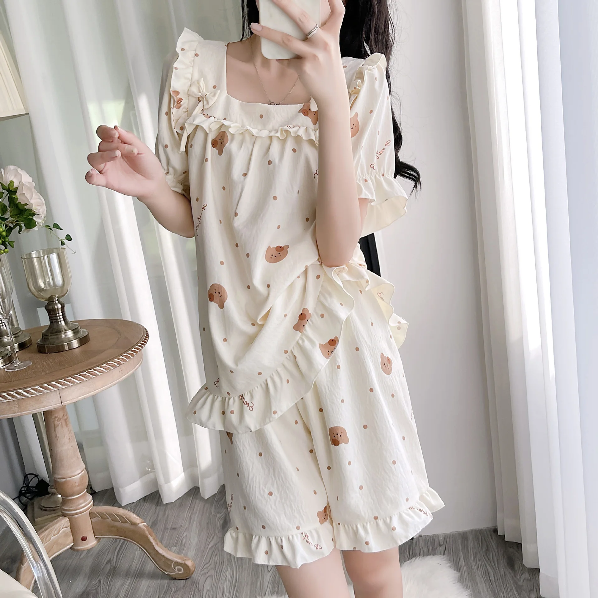Summer Woman Sweet Kawaii Two-Piece Pajama Set Fashion Bubble Short Sleeve Loungewear Korean Style Shorts Pajamas Clothes