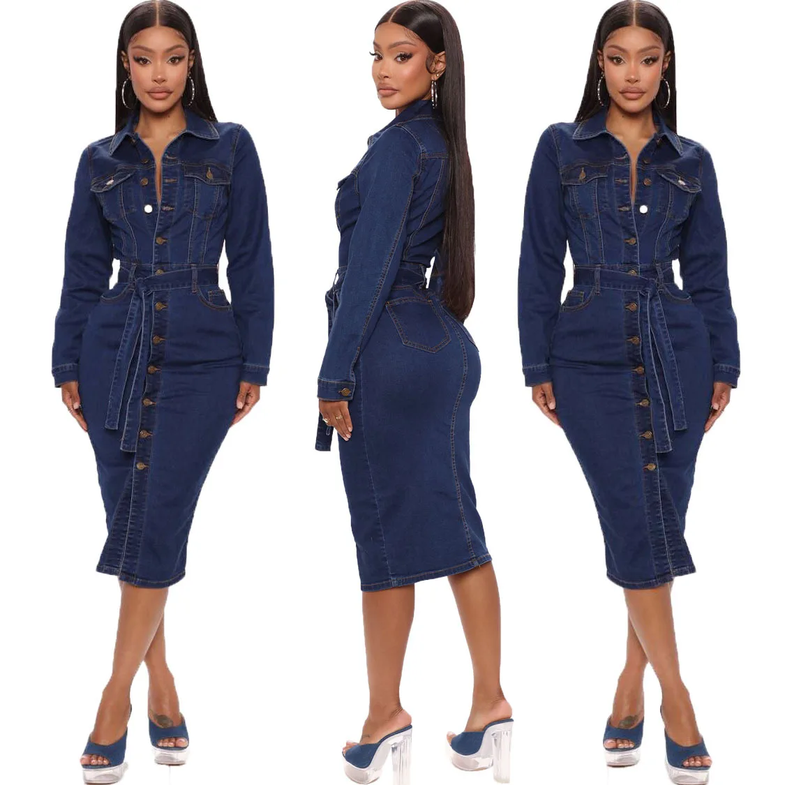 

SKMY New Denim Long Sleeve Slim Fit Mid Length Single-Breasted Turn-Down Collar Sexy Night Club Outfits Dresses For Women