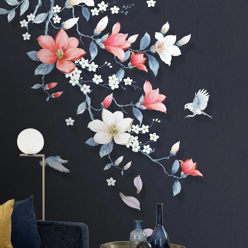 New Chinese Style Home Interior Bedroom Decoration Wallpaper Designs Hand-painted Magnolia Flower Magpie Bird Photo Papier Peint