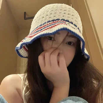 Breathable Striped Women's Fishing Cap Summer Versatile Hollow out Sun Protection Face Slimming Bucket Hat Korean Style
