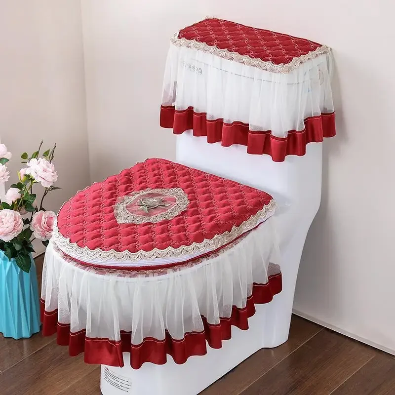 3 Pcs Set European Style Toilet Mat toilet seat cover toilet mat toilet mat set Four Seasons Universal Dust-proof Toilet Cover Zippered Lace Hem Ring Covers