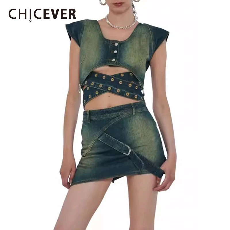 

CHICEVER однотонный Джинсовый комплект из двух предметов для женщин квадратный воротник без рукавов комбинированный Топ Юбка с высокой талией шикарный комплект для женщин