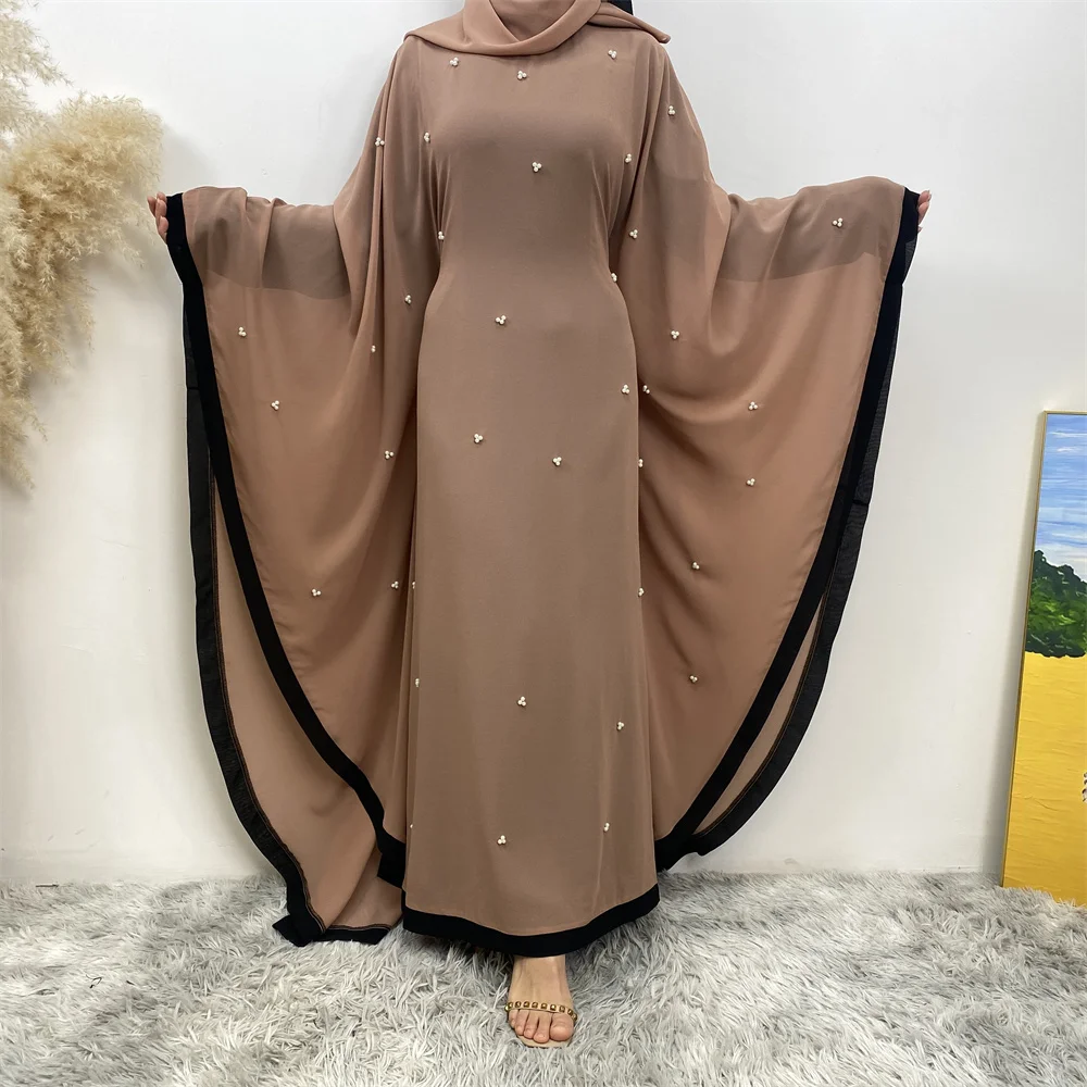 Pearl Chiffon Casual Loose Abaya for Women Muslim Bat Sleeves