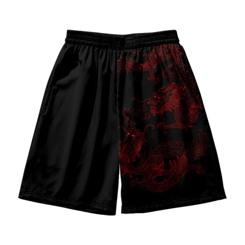 Summer Couple Women Men Japanese Streetwear Red Chinese Dragon Printed Black Kimono Beach Shorts Traditional Cardigan Yukata