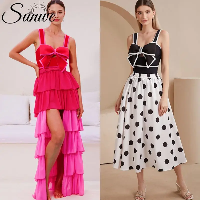 Sunwe Black White Retro One Piece Swimsuit Women Bow Tie Swimwear with Skirt Bathing Suit Monokini Beach Bodysuit Beach Wear