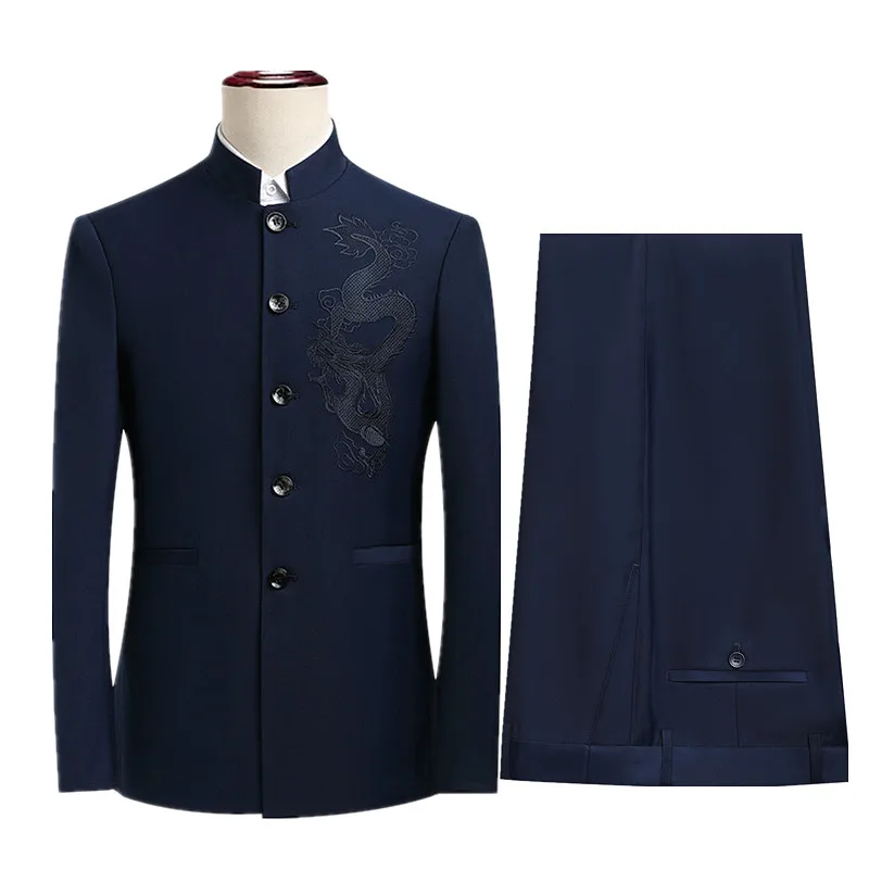 China Style Men Black Suit Two Piece Single Breasted Lapel Jacket with Trousers Asian Size M-6XL Wedding/Party/Business Suits