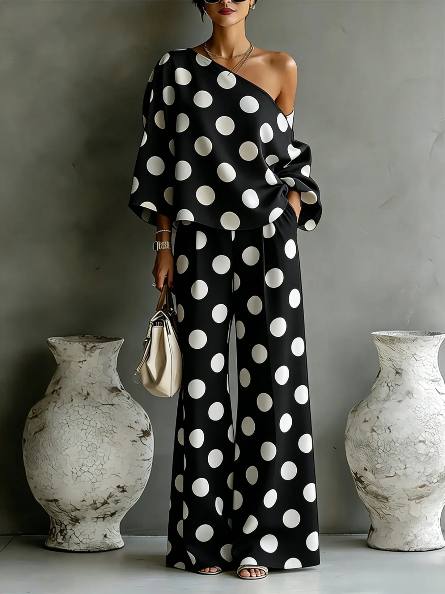 Summer New Color Wave Point Set Women Slant Shoulder Open Back Top+High Waist Wide Leg Pants Vacation Style Loose 2 Piece Suit 4