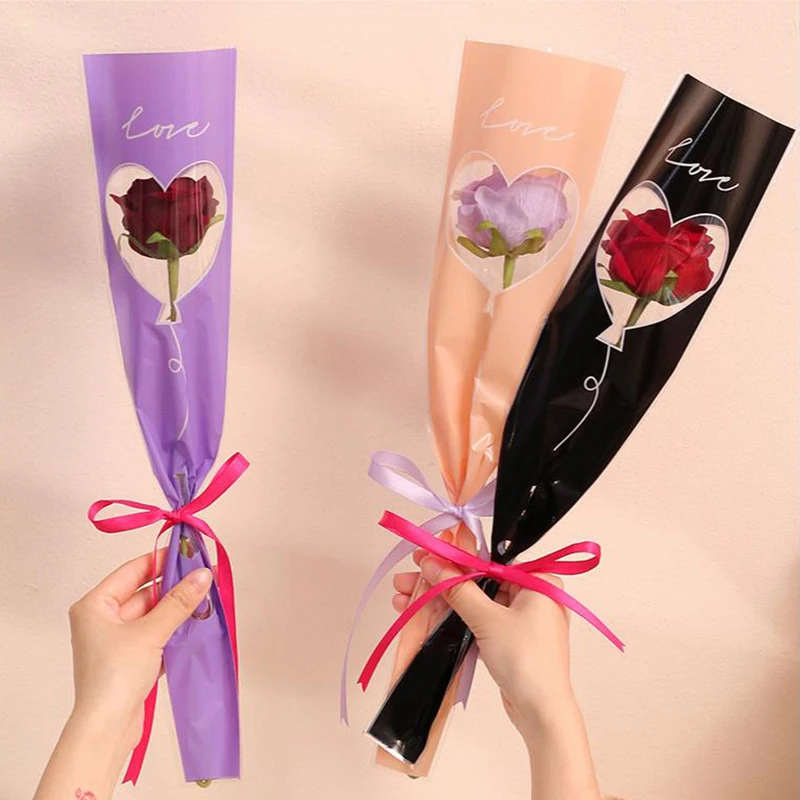 10pcs Single Rose Sleeves Flower Wrapping Bag Bouquet Packaging Bags Clear Cellophane Floral Wrappers For Valentine S Day
