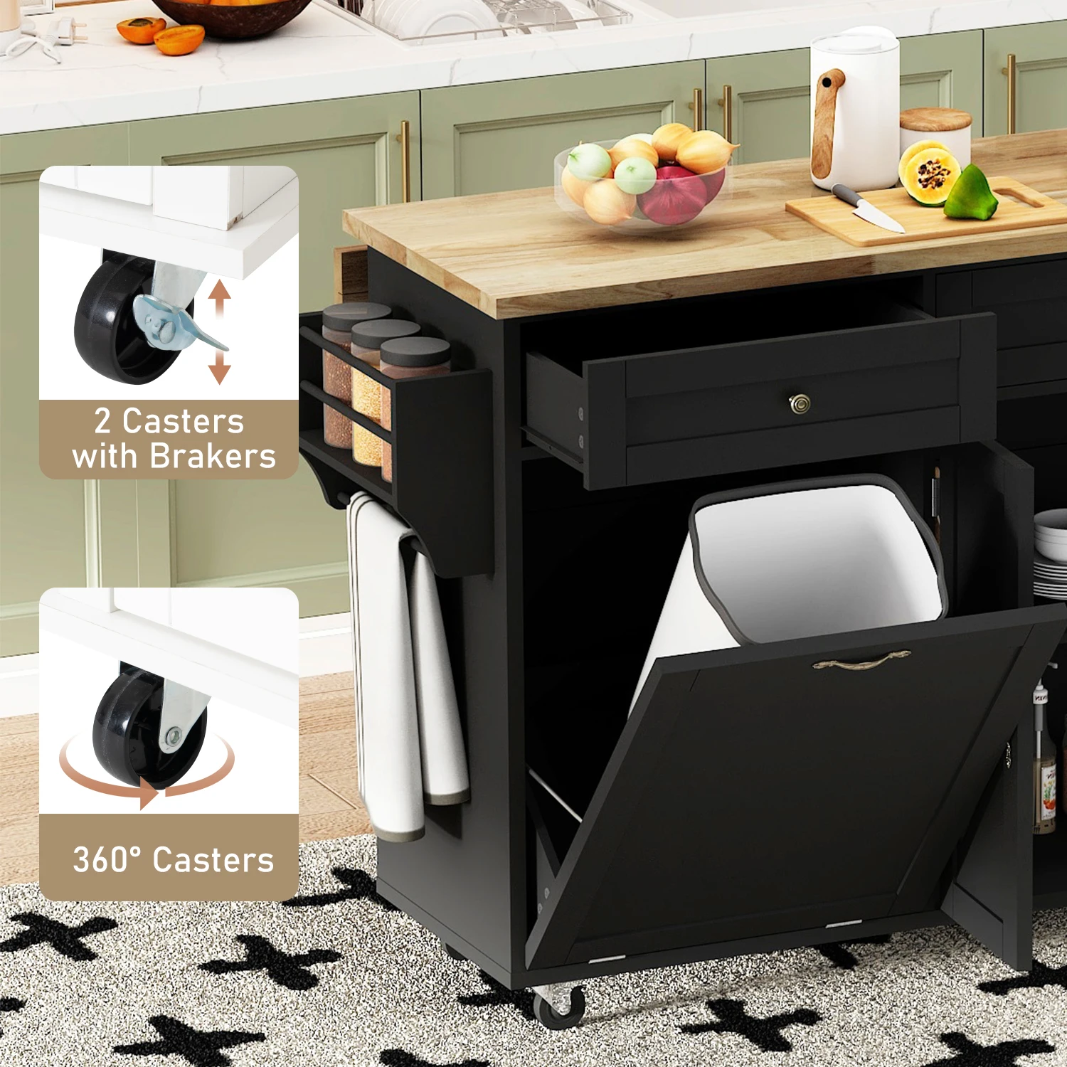 Rolling Kitchen Island with Trash Cabinet 3