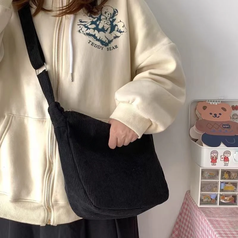 Women's Corduroy Crossbody Bag Korean Casual Lazy Style Shoulder Purse Large Capacity Solid Color Handbag