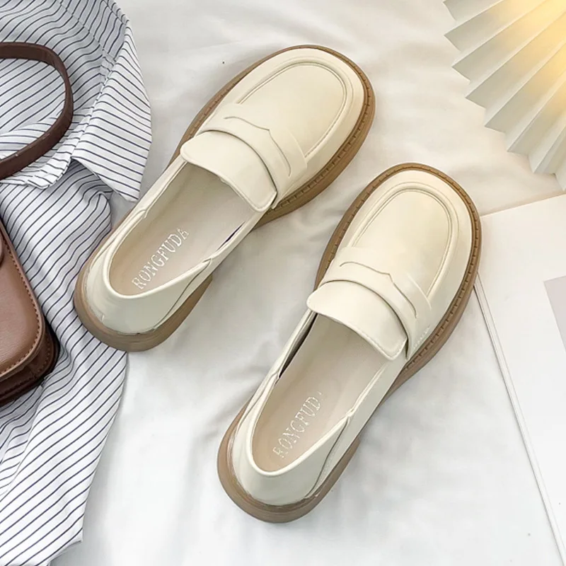 Women Shoes Flat Loafers College Style Leather Shoes Slip on Casual Flats Shoes Mary Janes White Platform Round Toe Comfort 2023
