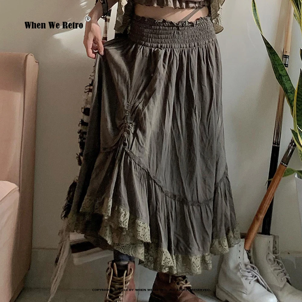 

New Retro Green Vintage Grunge Long Skirts Womens Shirring Tie-Up Lace Trim Low Waist A Line Y2K Skirt Cute Holiday Outfit RS957