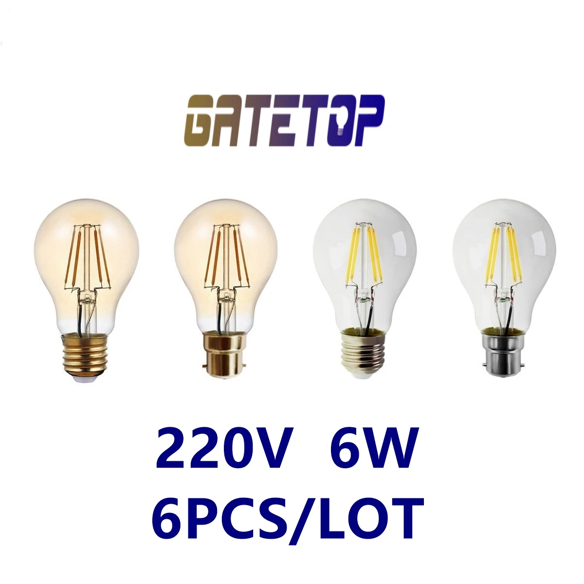 

Светодиодсветодиодный лампа накаливания Эдисона в стиле ретро, 6 шт., 220-240 В, 6 Вт, E27 B22, стеклянная лампа A60, винтажная лампа с круглым светом