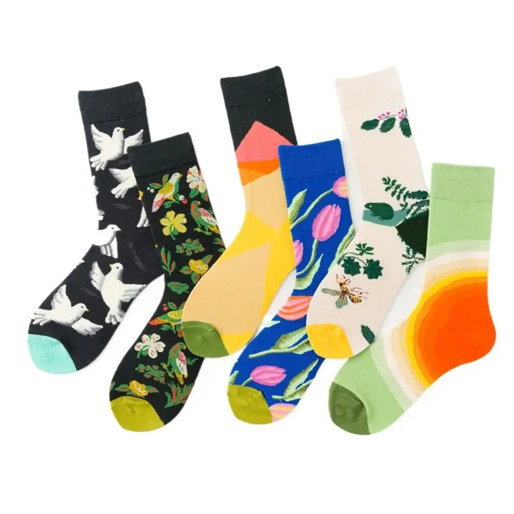 

Cute Vintage Crew Sox Harajuku Cotton Breathable Plant Cartoon Women Socks Middle Tube Socks Couple Hosiery Flower Socks