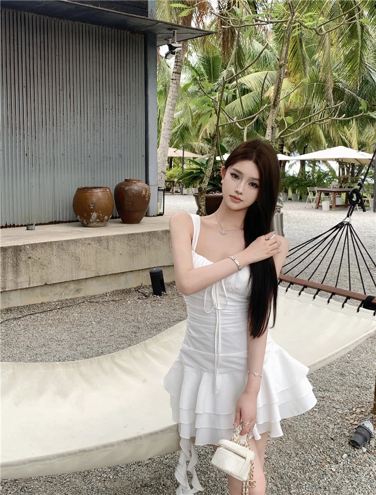 Summer New Holiday Beach Style Short Dresses for Women Spaghetti Strap Ruffles A-line Birthday Party Dress Korean Chic Vestidos