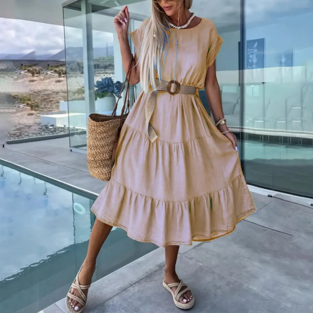

A-line Dress Stylish Summer Women's A-line Midi Dress with Pleated Hem Patchwork Detail for Casual Dating Beach Outings Summer