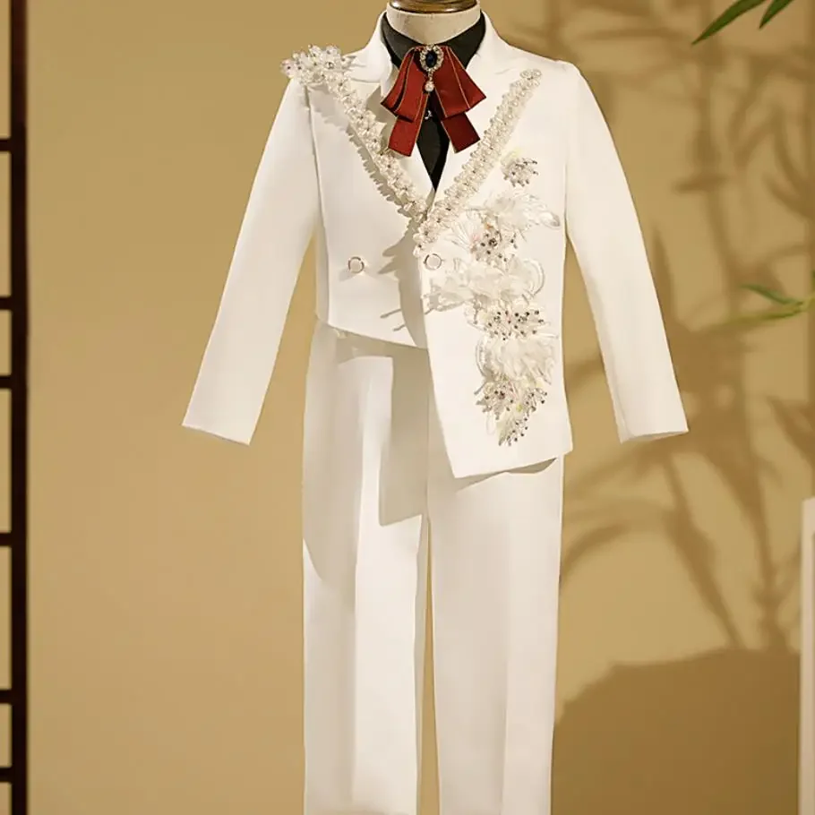 

2024 New Children's Host Performance Suit Beads Design Kids Wedding Birthday Party Evening Gown Boys Catwalk Blazer Sets