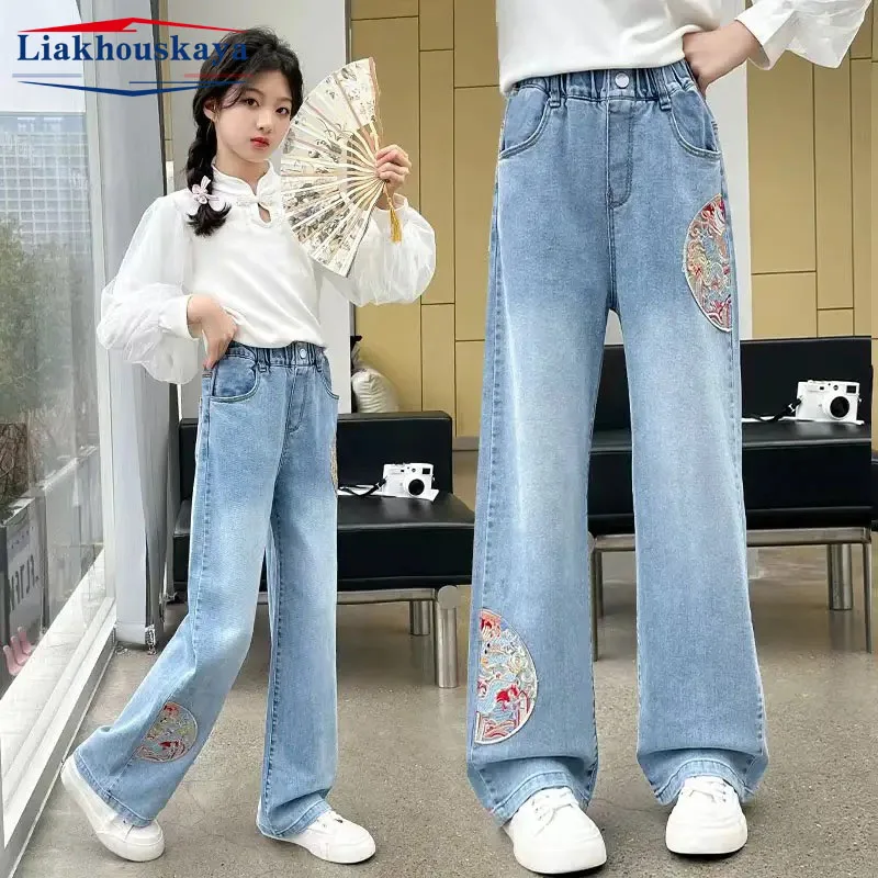 Newest Fashion Children Girls Denim Pants Long Teenager Denim Wide Leg Pants Korea Girls Spring Casual Trousers Free Shipping