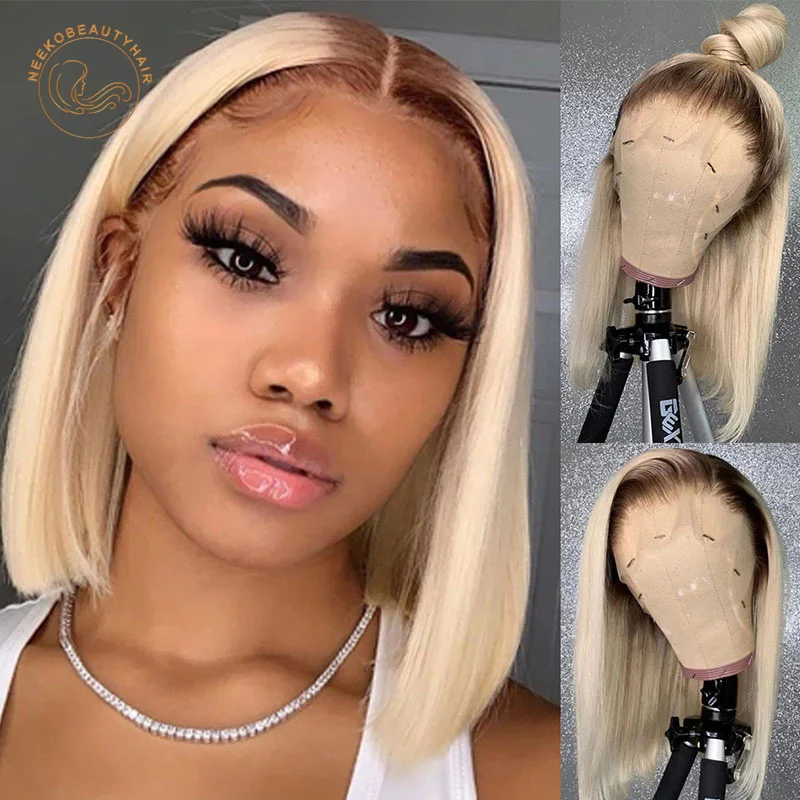 Ombre Blonde Bob Lace Front Human Hair Wigs 13X4 4 613 Honey Blonde Dark Root Colored