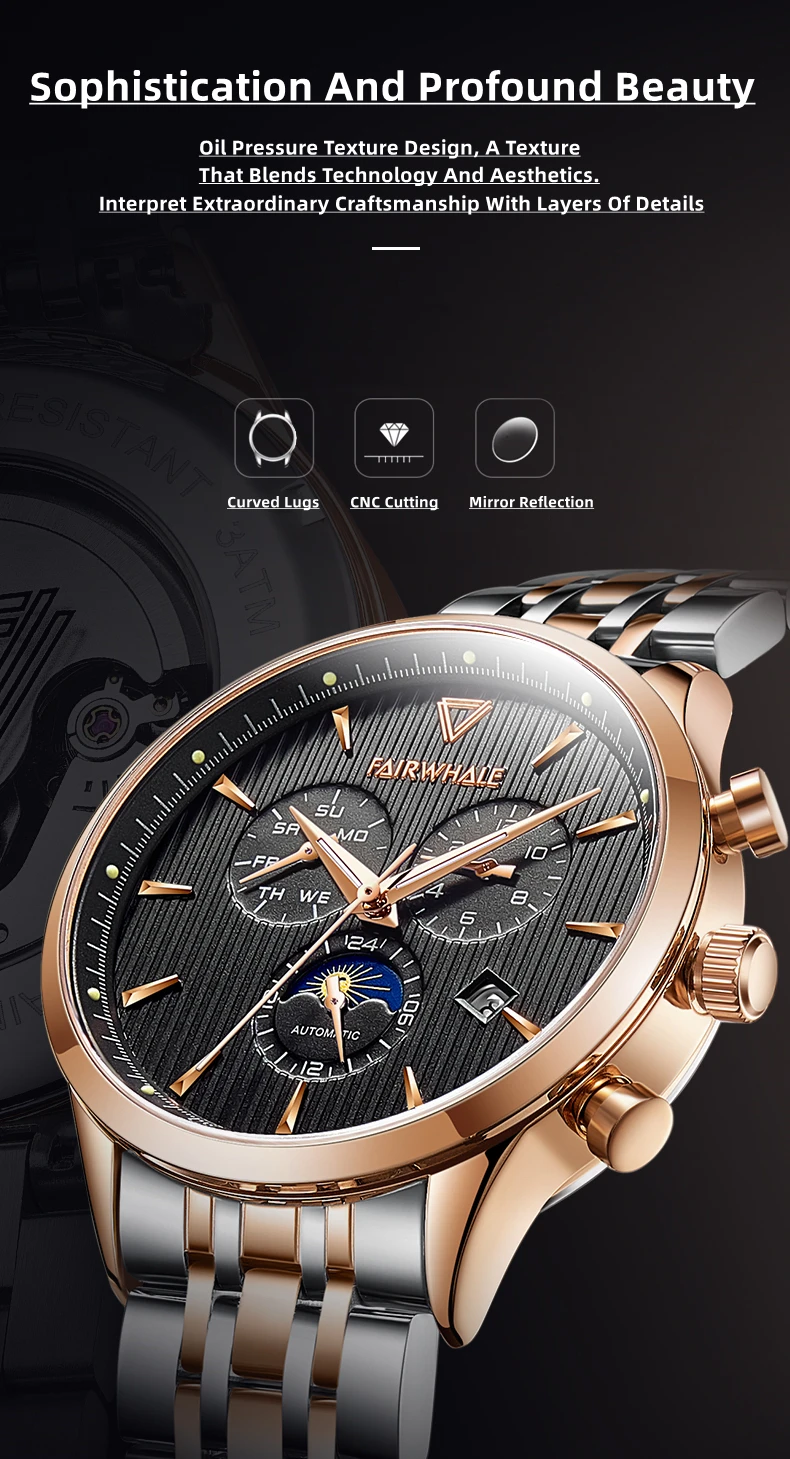 Mark Fairwhale Luxury Automatic Mechanical Watch Automatic Tourbillon Classic Business Men's Watch 30M Waterproof Clock