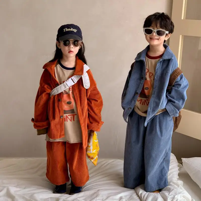

2023 Autumn New Children Clothes Set Baby Boy Solid Lapel Loose Jacket + Casual Pants 2pcs Suit Girls Corduroy Coat Kids Outfits