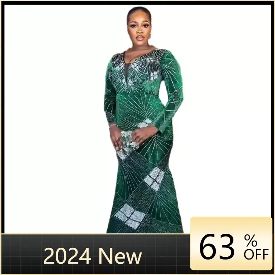 

Платье женское зеленое стрейчевое с блестками, элегантное вечернее платье в африканском стиле с длинным рукавом, роскошное с бисером, для торжественного ужина, в Звездном стиле