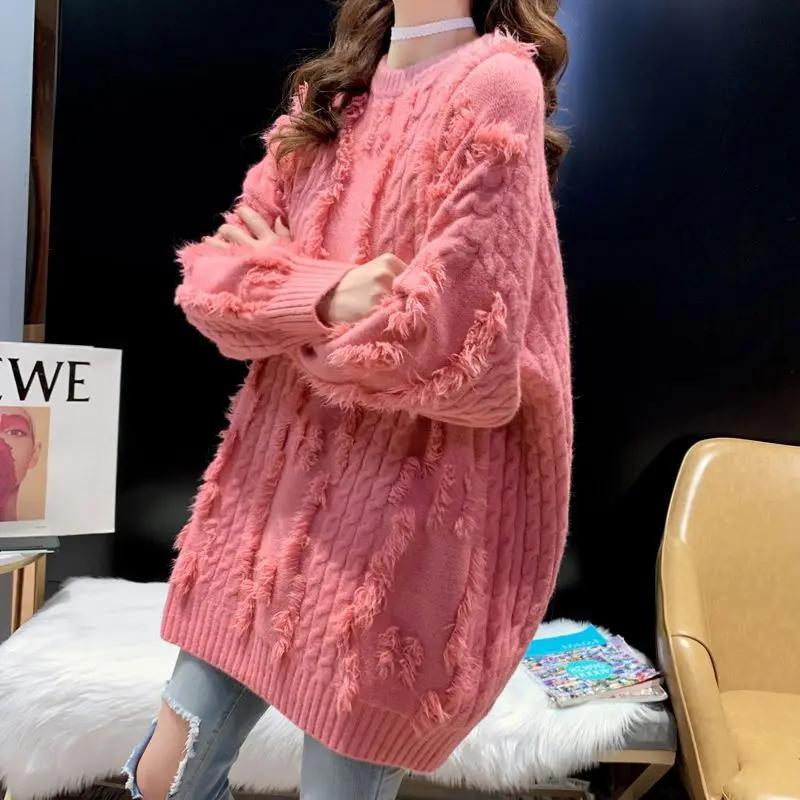 

2023 Women's Autumn Winter New Korean Long Knitted Pullover Tops Female Thick Sweater Tops Ladies O-neck Casual Jumpers E481