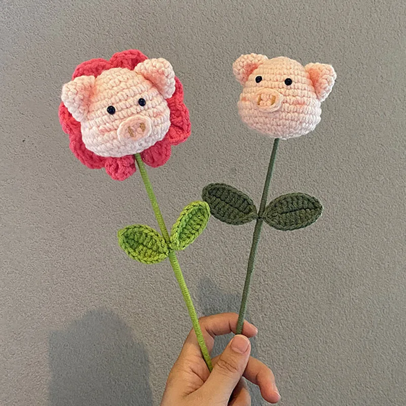 Flower Bouquet Pig Rabbit Crochet Hand-knitted Kawaii Homemade Artificial Valentine's Day Wedding Gift