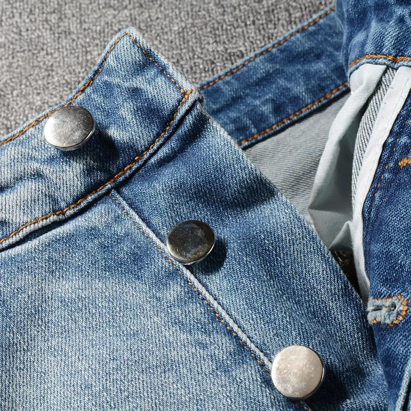 High Street Fashion Men Jeans Retro Light Blue Stretch Skinny Fit Ripped Jeans Men Leather Patched Designer Hip Hop Brand Pants
