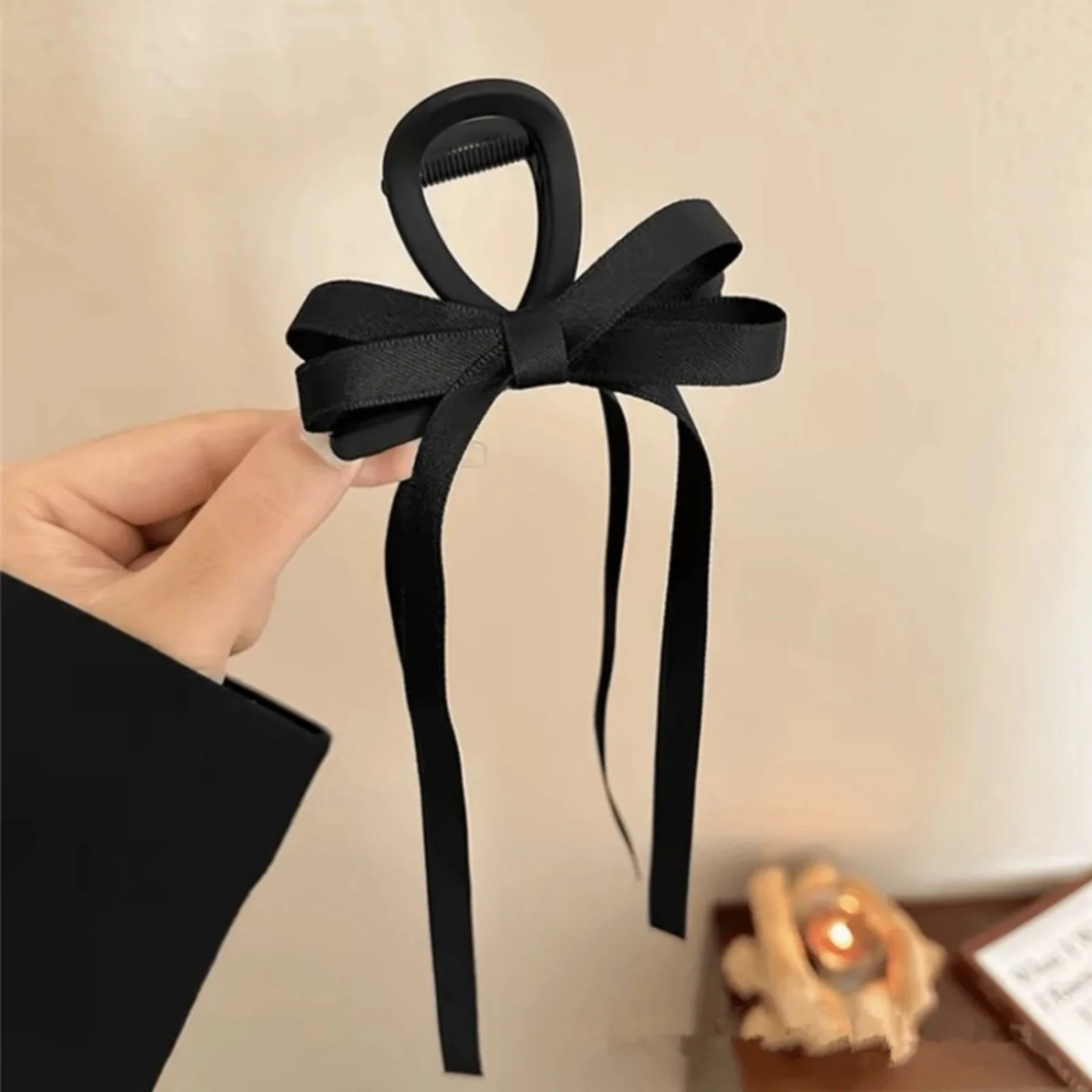 1PC Satin Bow Hair Claw Clip, Elegant Long Ribbon Hair Accessory, Chic Beige Hair Clip For Women, Trendy Updo Hair Decor