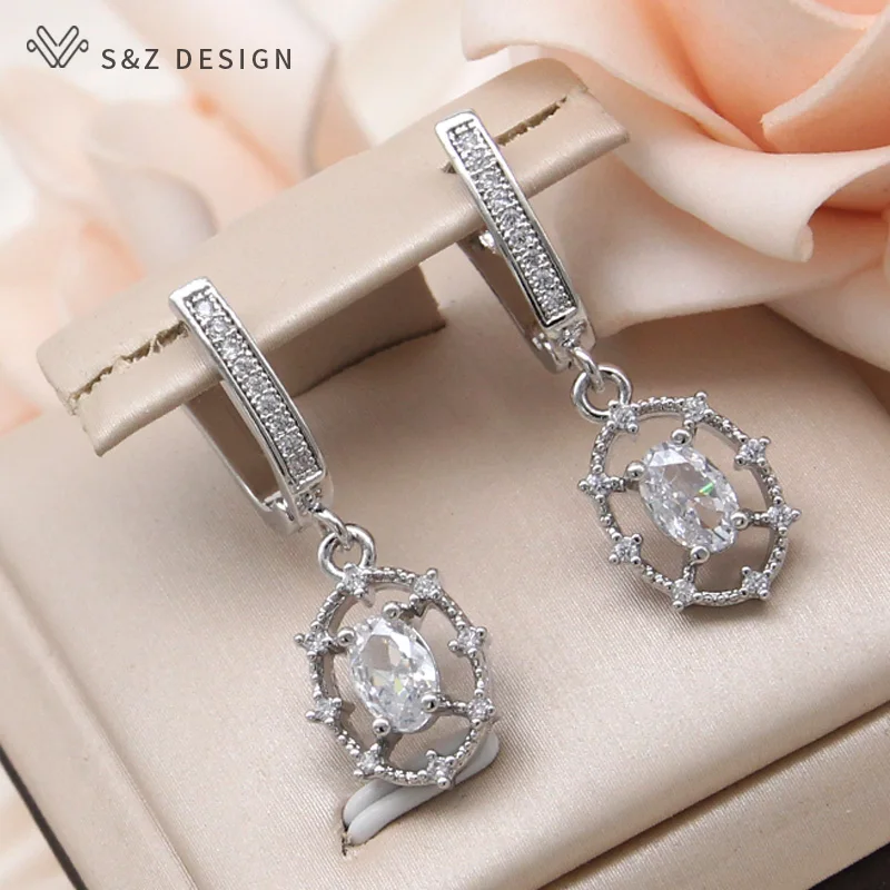 S&Z DESIGN New Fashion 585 Rose Gold Color Egg Shape Cubic Zirconia Dangle Earrings For Women Trendy Simple Jewelry Gift