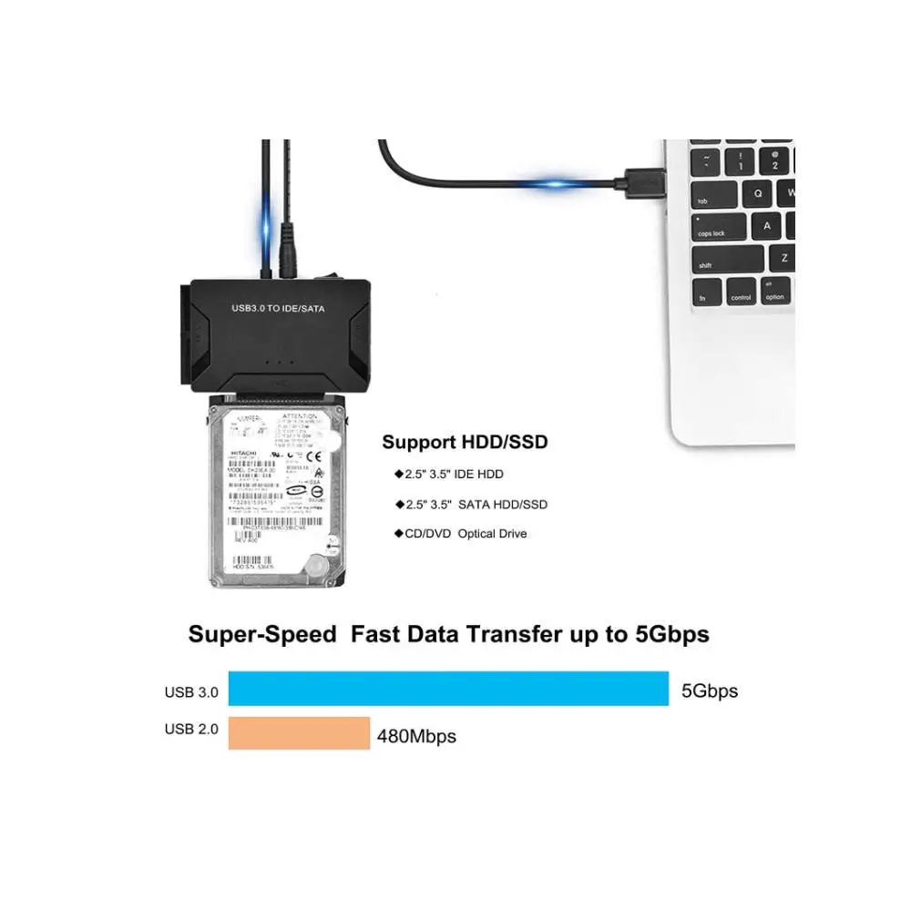 SATA/IDE to USB 3.0 Adapter, Hard Drive Reader for Universal 2.5 3.5-Inch IDE and SATA External HDD/SSD, Hard Drive Adapter