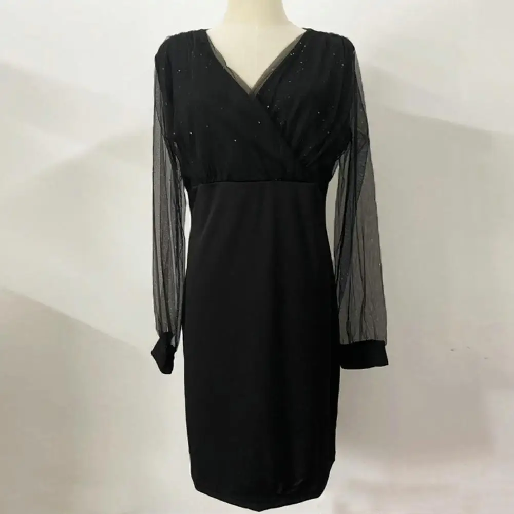 

Soft Fabric Women Dress Women Dress Elegant V Neck Mesh Patchwork Evening Dress with Long Sleeves for Women Shiny Slim Fit