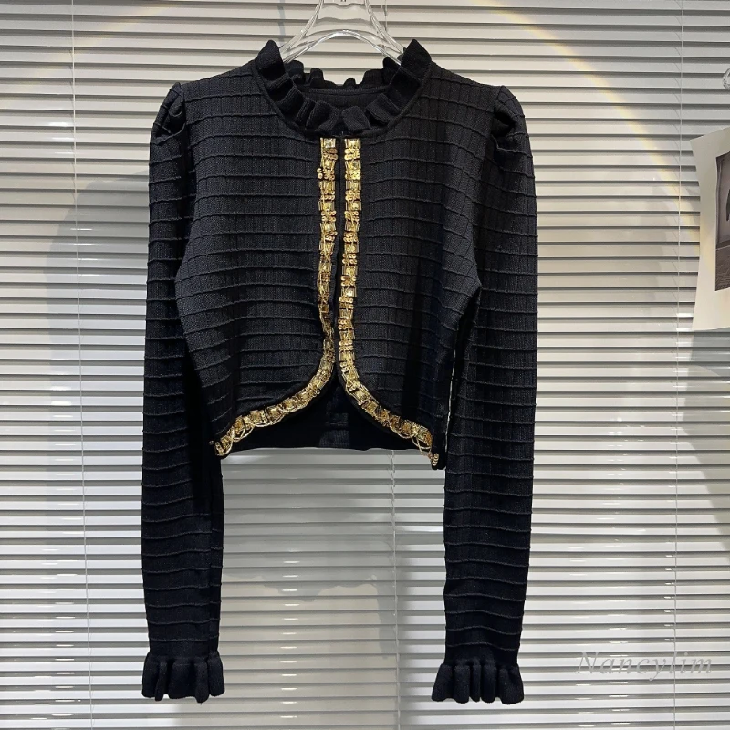 

2023 Autumn New Heavy Industry Gem Beaded Design Ruffles Edge Wool Sweater Women's Short Knitted Coat Black Cardigan