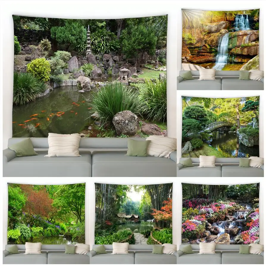 

Garden Landscape Tapestry Spring Flower Plant Carp Arch Bridge Waterfall Wall Hanging Living Room Courtyard Decor Picnic Blanket