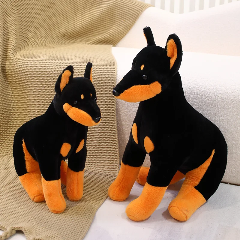 Simulation Cute Doberman Dog Plush Toys Soft Stuffed Animal Realistic Pet Puppy Dolls Soothing Toy for Kids Xmas Gifts Home Deco