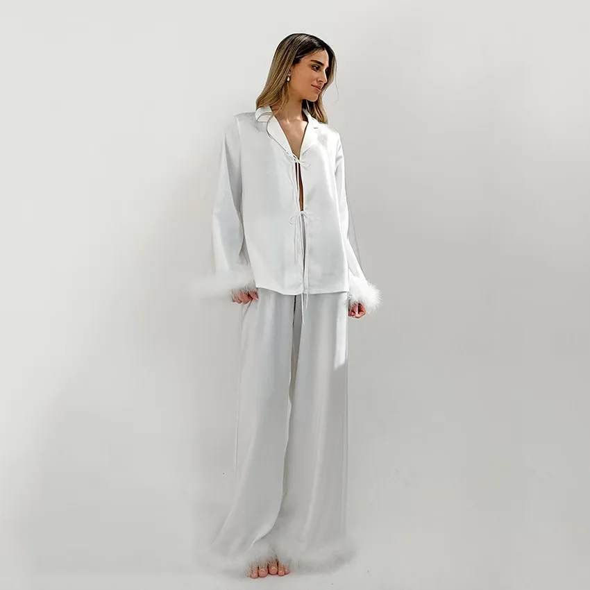 Loose Feather Patchwork Top And Pants Set Casual Home Wear Long Sve Youth Spring Summer Thin Fabric Pure Color Home Faion