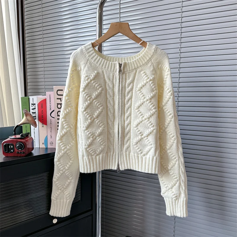 

Hsa 2023 O-neck Zipper Cardigan Women Loose Twist Knitwear Autumn Winter Solid Colour Femme Retro Harajuku Y2K Women Sweaters