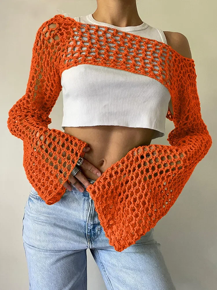 

Sexy Fishnet Hollow Out Crochet Cropped Top Women 2023 Summer Slash Neck Long Sleeve Y2K Knitwear Short Sweaters Female Jumper