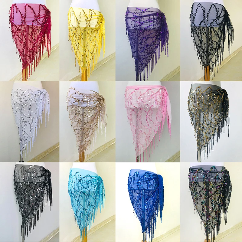 Belly Dancing Beginner Triangle Scarf Fringe Belt Waist Seal Sequin Style Waist Chain Women's 2023 New Training Dress Hip Towel