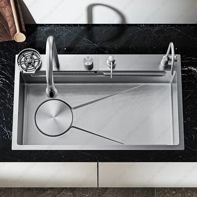 Kitchen Sink Vegetable Workstation Honeycomb Embossing Waterfall Faucet Drain Accessories