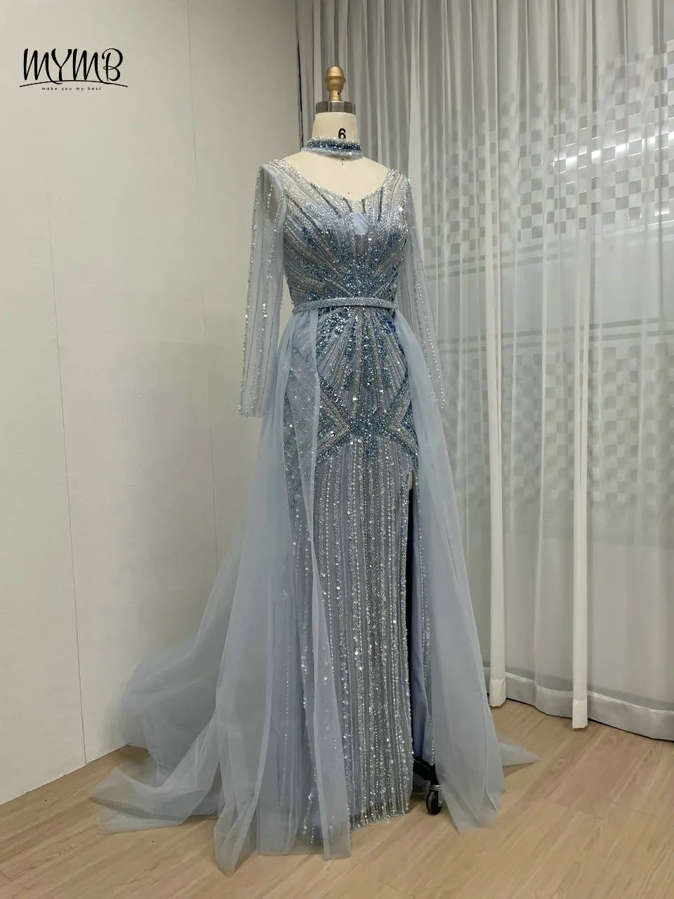 Mymb exklusive Perlen Meerjungfrau High Split Abendkleider mit abnehmbaren Zug elegante Dubai Langarm Hochzeits feier Gwons – Detail 6