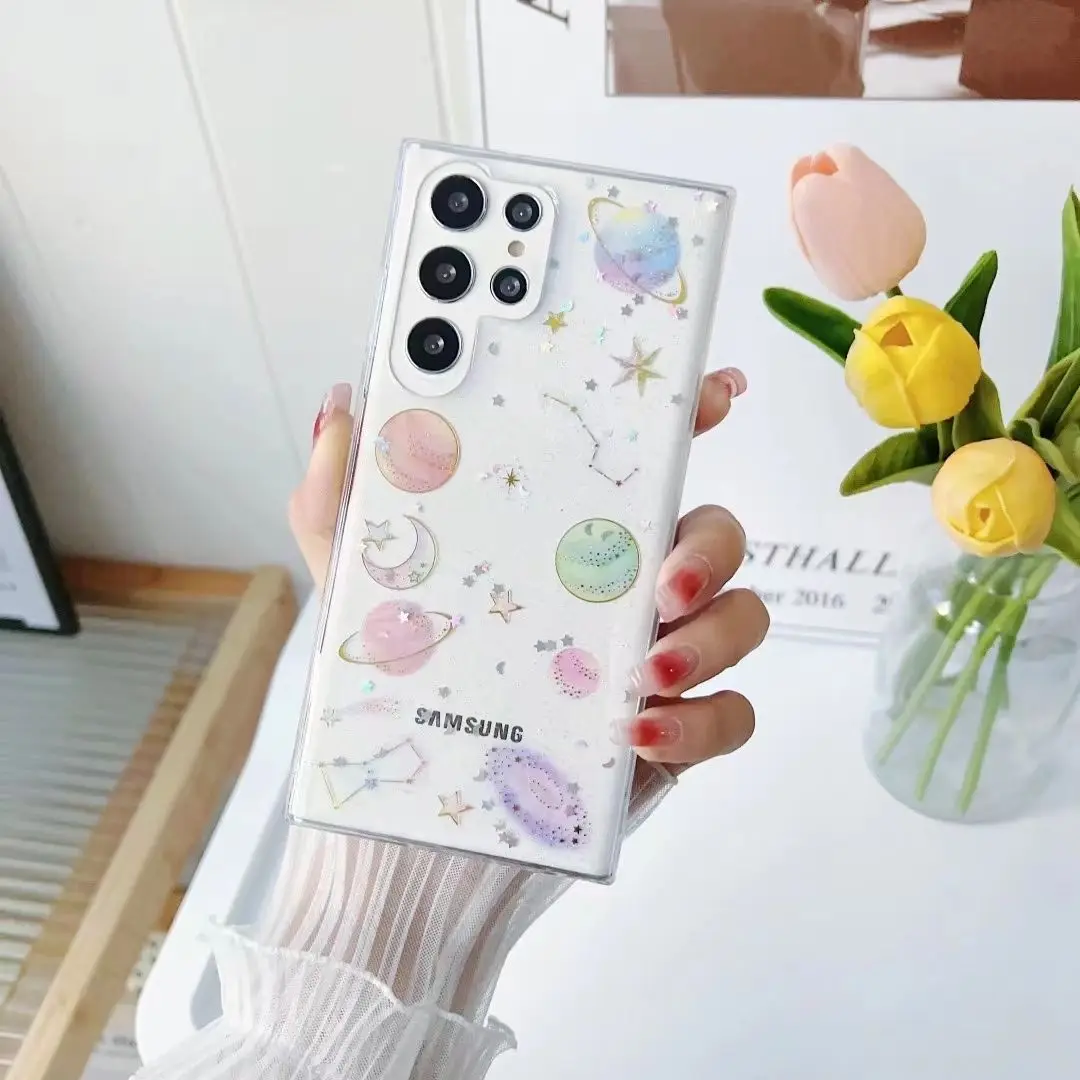 Cute Transparent Glitter Planet Phone Case For Samsung S23 S22 S20 S21 Ultra FE Plus A52 A53 A32 A14 A33 A23 Note 20 Soft Cover- Sf16b83da548741128164a192d8c17fbfZ