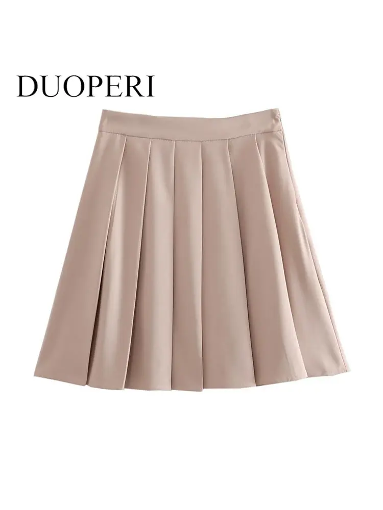

DUOPERI Women Fashion Khaki Pleated Side Zipper Mini Skirt Vintage High Waist Female Chic Lady Skirts