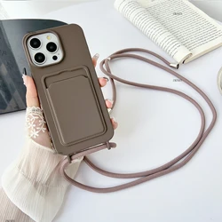 Silicone Crossbody Necklace Phone Case with Card Holder Wallet for 15promax (Milk tea)