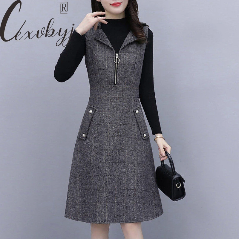 Casual Woolen Dress Two Peice Suit Women Gray Turn Down Collar Sleeveless Dress And Pullover Sweater Outfits Oversized Plaid Set