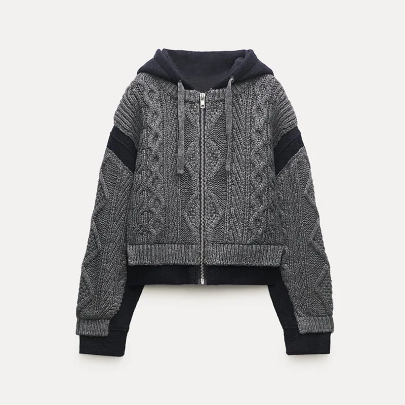 

Женская трикотажная куртка с капюшоном, однотонная свободная винтажная куртка на молнии с длинными рукавами, верхняя одежда на весну и осень