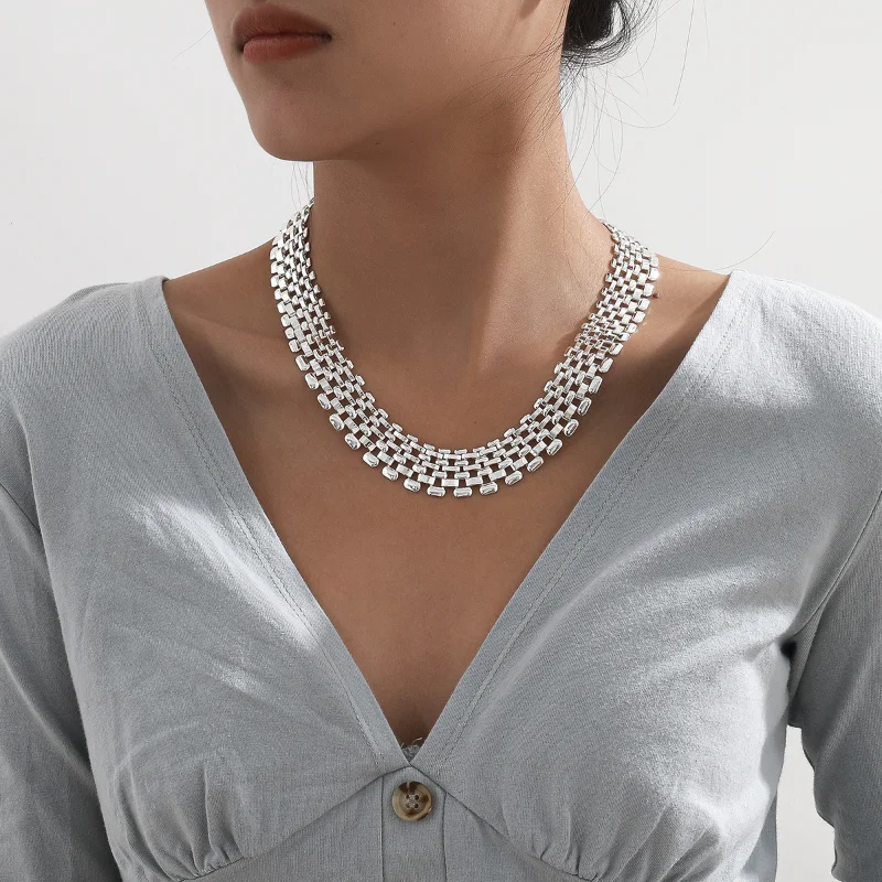 

Trendy Women Hip-hop Silver Wide Chain Necklace Hollow Chain Female Choker Colar Party Jewelry Gift Collier Bijoux Femme for Him